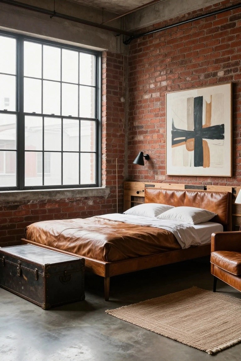 Industrial-style bedroom with exposed brick walls, large metal-framed windows, tan leather platform bed with white bedding, wooden trunk bench, leather armchair, seagrass rug, and abstract art on the wall.