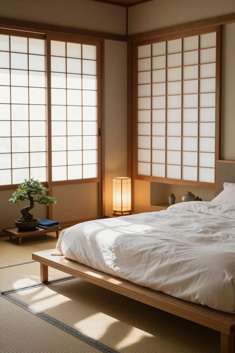 Japanese-style bedroom interior with shoji screen windows diffusing soft sunlight, low platform bed with white rumpled sheets, bonsai tree on wooden stand next to the bed, tatami mat flooring, and wooden walls and accents.