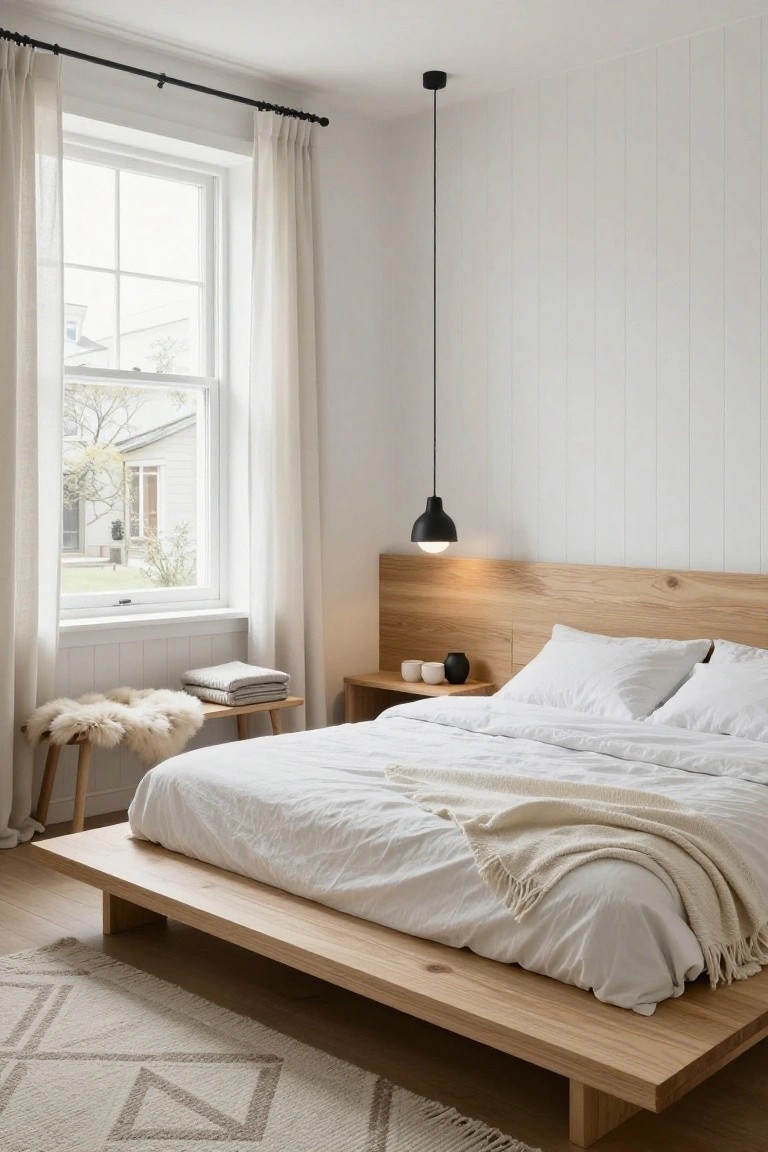 A bright minimalist bedroom with a low natural wood platform bed, white linens and throw, wooden headboard and nightstand, sheepskin on a stool, black pendant light, and sheer curtains over a large window.