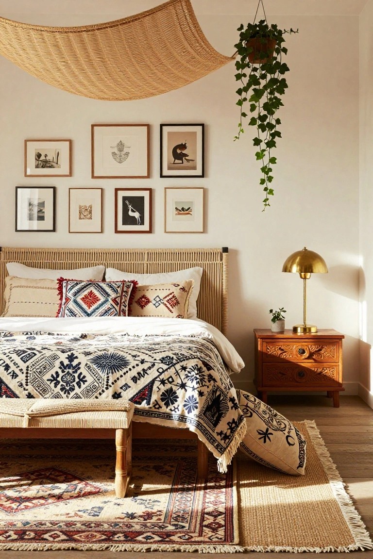 Bedroom with rattan headboard bed draped in white sheets and patterned quilt, eclectic framed art gallery wall, hanging ivy plant from ceiling, gold dome lamp on carved wooden nightstand, and layered rugs on wood floor.