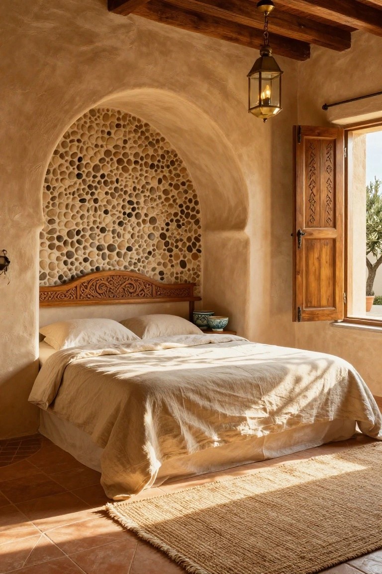 Bedroom with beige plaster walls featuring an arched niche embedded with small pebbles behind a carved wooden headboard on a bed with white linens, open carved wooden shutters on window overlooking greenery, terracotta tile floor with seagrass rug, and brass lantern hanging from wooden beams.