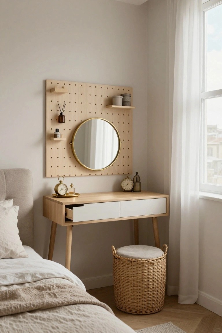 Light beige bedroom corner with wooden vanity desk on angled legs, white drawers, gold round mirror on pegboard wall with wooden shelves holding ceramics, bottles, and plants, wicker stool with cushion, and bed with beige bedding.