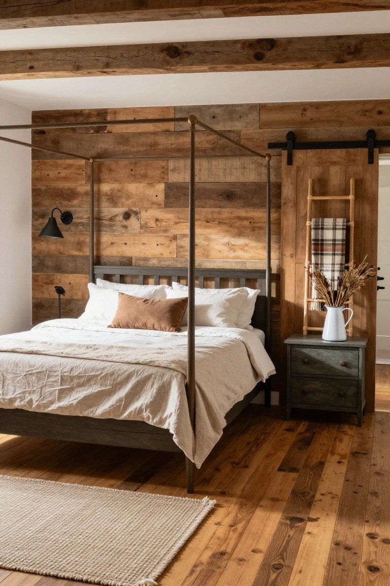 Bedroom with metal canopy bed against vertical reclaimed wood plank wall, neutral linen bedding, black wall lamp, plaid towel ladder on barn door, and hardwood floors.