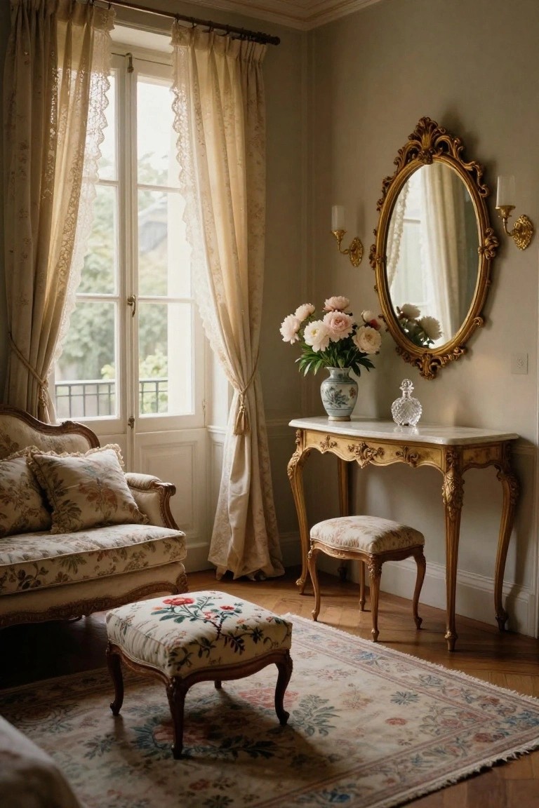 Bedroom corner with floral-upholstered cream settee and ottoman on parquet floor with patterned rug, adjacent white marble-topped gilded console table holding blue-and-white vase of pink peonies and glass decanter, large ornate oval gold mirror with wall sconces, tall French windows draped in sheer lace-trimmed curtains overlooking trees.