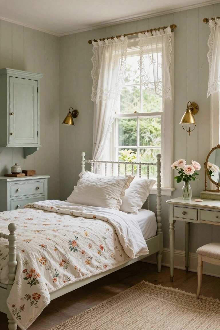 A bedroom with sage green painted wooden armoire, nightstand, dresser, and vanity, white iron spindle bed with floral quilt and white pillows, sheer white curtains on window, brass sconces, and vase of pink roses on vanity.