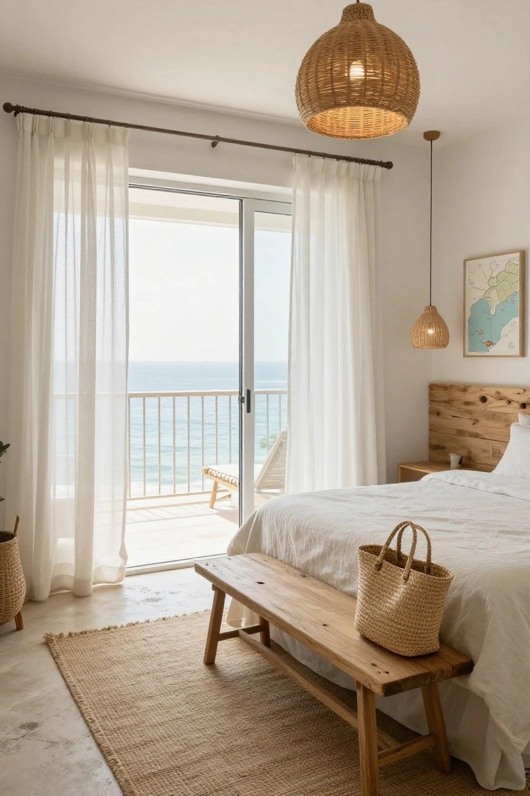 White bedroom with wooden headboard bed draped in white linens, sheer curtains on open sliding glass doors to balcony overlooking ocean, woven pendant lights, wooden bench with straw bag, potted plant, and seagrass rug on polished concrete floor.