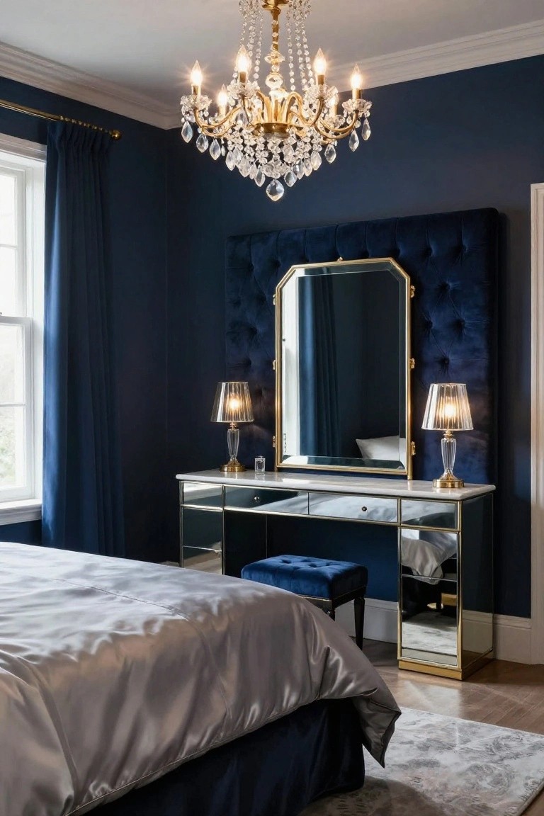 Bedroom with navy blue tufted velvet wall holding a large arched gold-framed mirror above a white marble and mirrored vanity table flanked by two pleated gold lamps, crystal chandelier overhead, bed with silver satin bedding, navy velvet stool, and blue drapes on window.