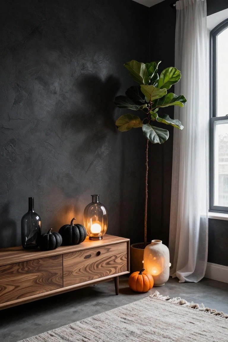 Corner of a room with dark textured walls featuring a wooden console table holding black pumpkins, smoked glass bottles, and lit glass lanterns, beside a tall potted green plant, white ceramic pot, small orange pumpkin, and window with sheer white curtains over a light gray rug on concrete floor.
