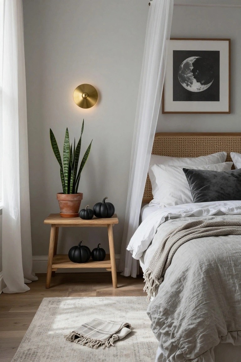 Bedroom corner showing a white-draped bed with rattan headboard and gray throw, wooden nightstand with potted snake plant and black pumpkins, gold wall light, moon print, and sheer curtains on light wood floors.
