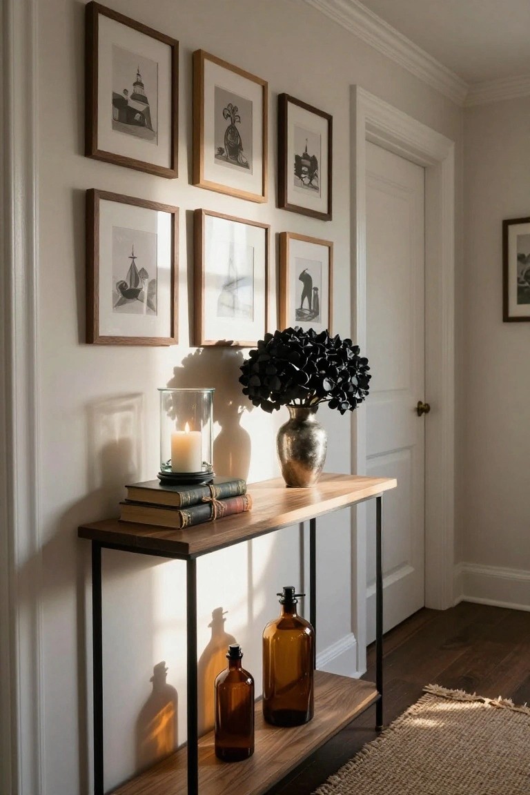 Hallway console table made of wood and black metal legs holding stacked antique books, a white candle in clear glass holder, two amber glass bottles, and a silver vase of black hydrangeas, with black and white framed artwork on the wall above and a closed white door nearby.