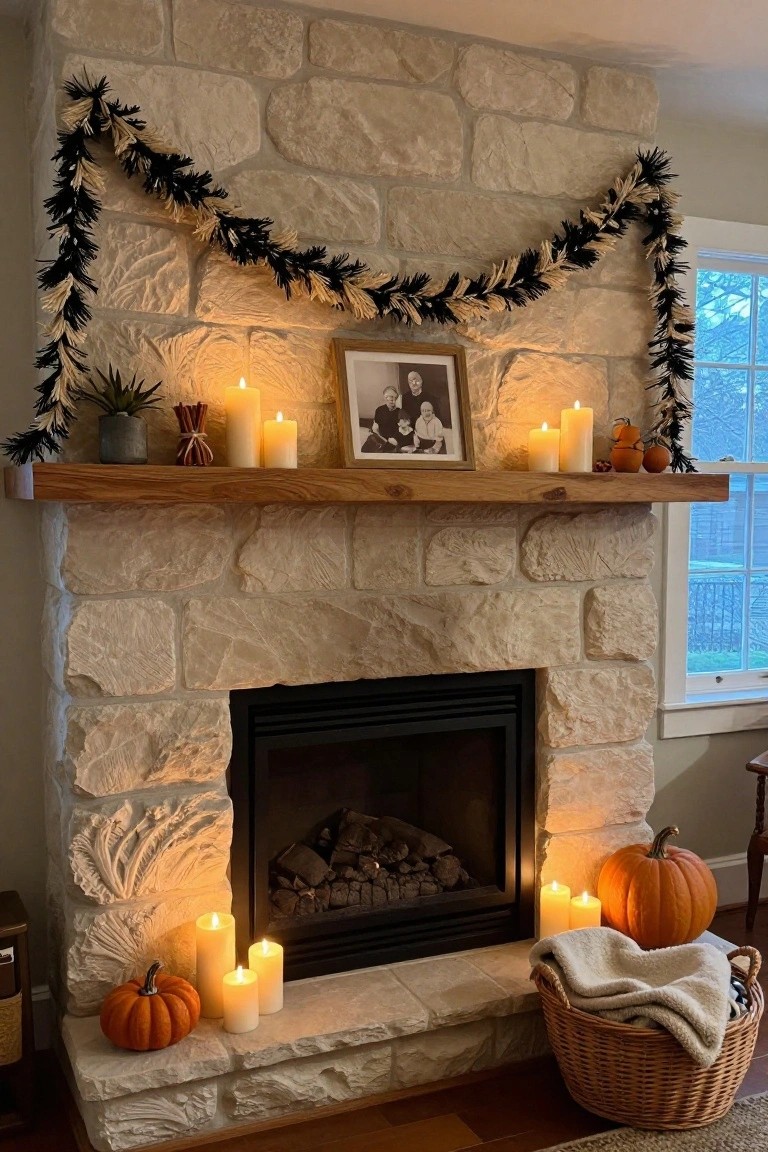 Stone fireplace with wooden mantel decorated for Halloween using black and white fringe garland, white pillar candles, small orange pumpkins, a potted succulent, cinnamon sticks, and a framed family photo.