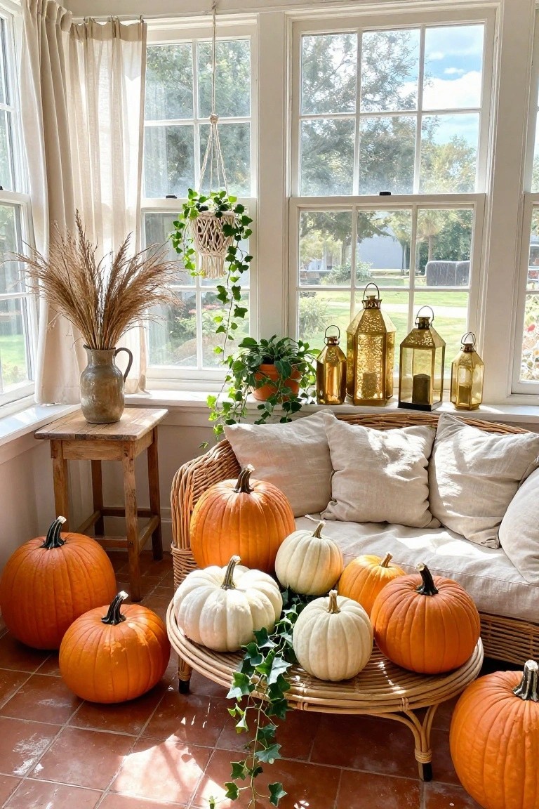 Cozy Rattan Nook with Pumpkins