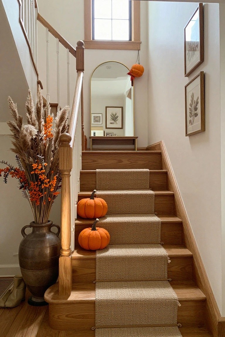 Decorating Stairs with Pampas Grass and Pumpkins