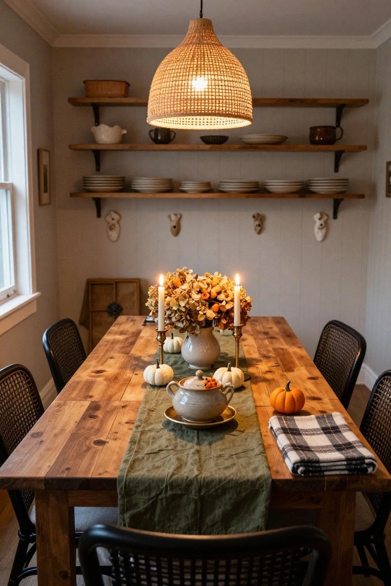 Wooden dining table in a light gray room styled with green runner, small white pumpkins, dried hydrangea bouquet in vase, brass candlesticks, white teapot with plate, and orange pumpkin, rattan pendant light above, wooden shelves with dishes and rattan basket nearby, cane chairs.