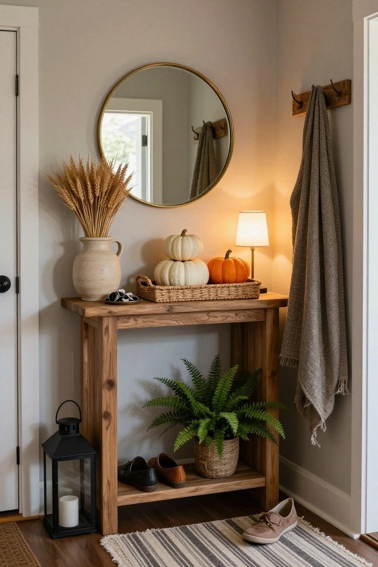 Wooden console table in a light gray entryway holding white pumpkins, wheat in a terracotta vase, a small lamp, and a basket, with a gold-framed round mirror above, black lantern below, plant in basket on shelf, shoes on shelf and floor, towel on wall hooks, and striped rug on wood floor.