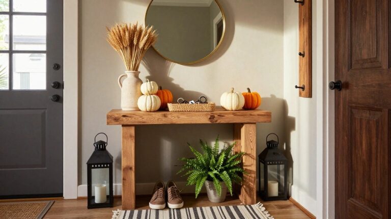 Wooden console table in a light gray entryway holding white pumpkins, wheat in a terracotta vase, a small lamp, and a basket, with a gold-framed round mirror above, black lantern below, plant in basket on shelf, shoes on shelf and floor, towel on wall hooks, and striped rug on wood floor.