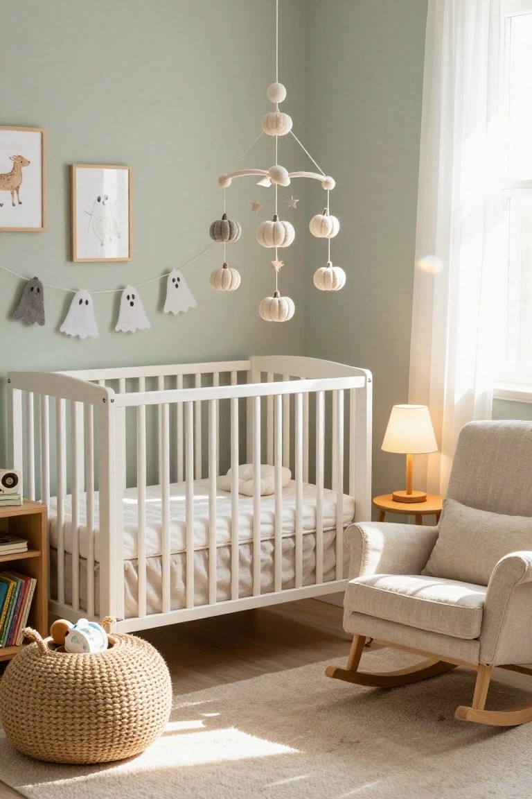 Sage green nursery room featuring a white crib with linens, a beige rocking chair, wooden side table with lamp, woven basket on floor, wall art of deer and ghost, ghost garland above crib, and hanging mobile with white pumpkins and ghosts.