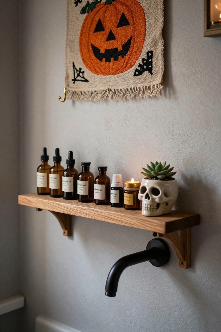 Wooden floating shelf in a bathroom displaying several amber glass dropper bottles, two small brown bottles, a white skull-shaped planter with succulent, and a gold candle, with an orange pumpkin Halloween tapestry hanging above and a black faucet below.