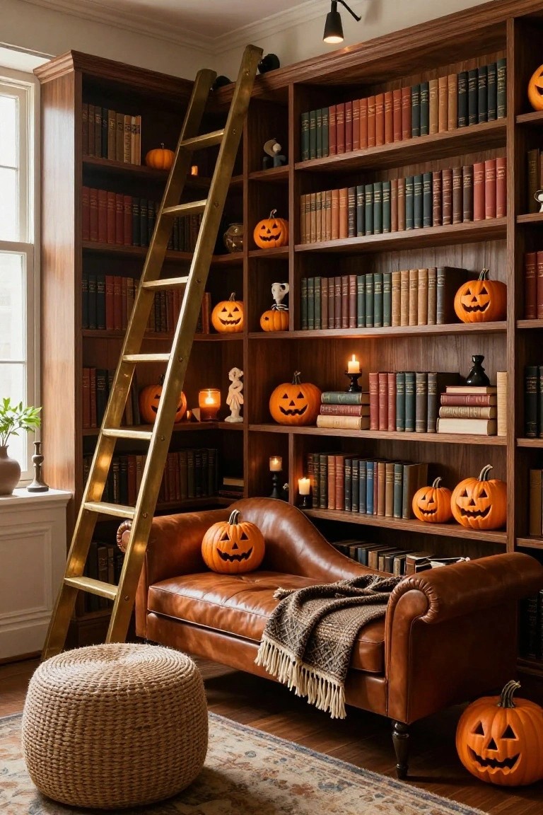 Wooden bookshelves filled with books and lined with carved jack-o-lanterns, candles, and Halloween figurines in a cozy library room with a gold rolling ladder, leather chaise lounge, and pouf ottoman.