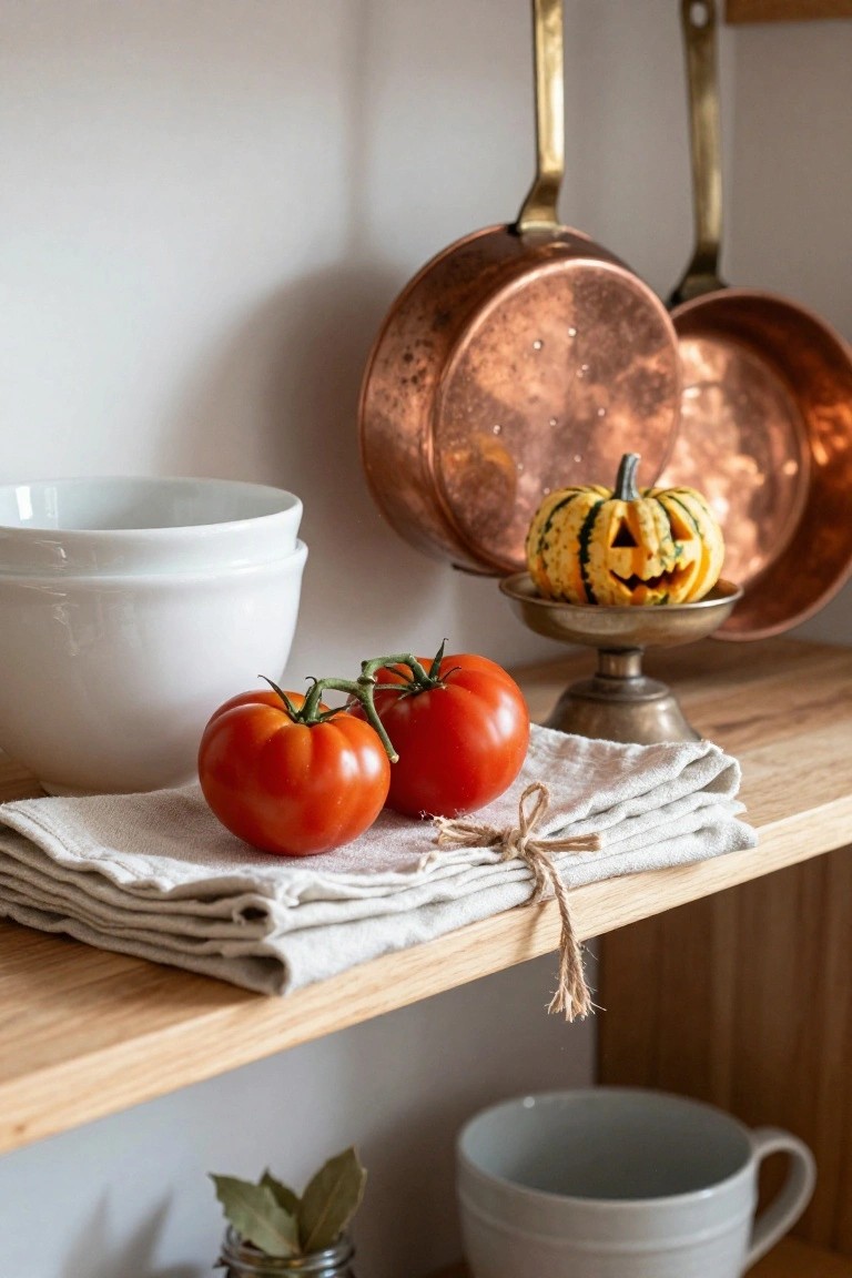 Wooden kitchen shelf with two red tomatoes on folded linen towels tied with twine, small carved striped jack-o-lantern pumpkin on silver pedestal stand next to hanging copper pots, white bowls stacked nearby, bay leaves in jar, and gray mug below.