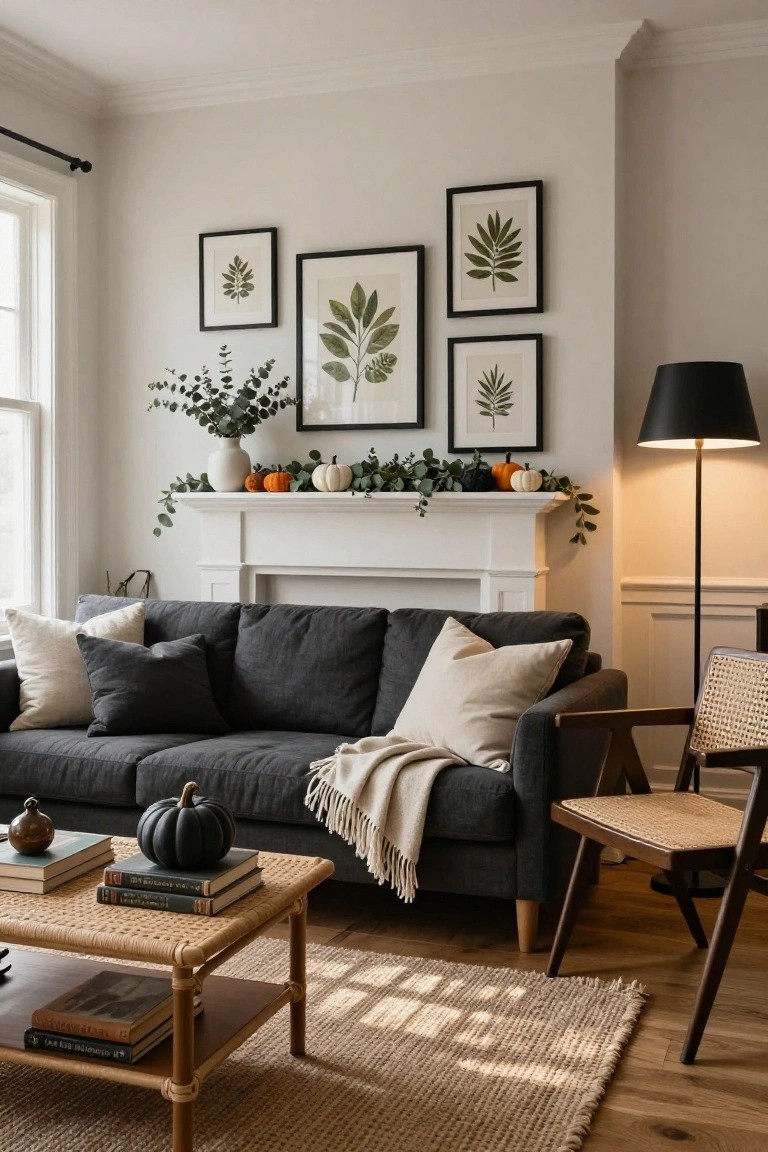 Living room interior featuring a white mantel with eucalyptus garland and white and orange pumpkins, gray sofa with pillows and throw, rattan coffee table with black pumpkin and books, black floor lamp, and wicker chair on wood floor.