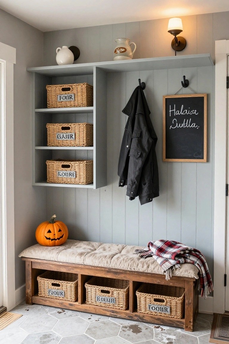 Light gray shiplap entryway mudroom with wooden shelves holding labeled woven baskets, black leather jacket on hooks, chalkboard sign, wall sconce, white pitchers, cushioned bench topped with carved jack-o-lantern pumpkin and plaid throw blanket, under-bench baskets, and hexagonal tile floor.
