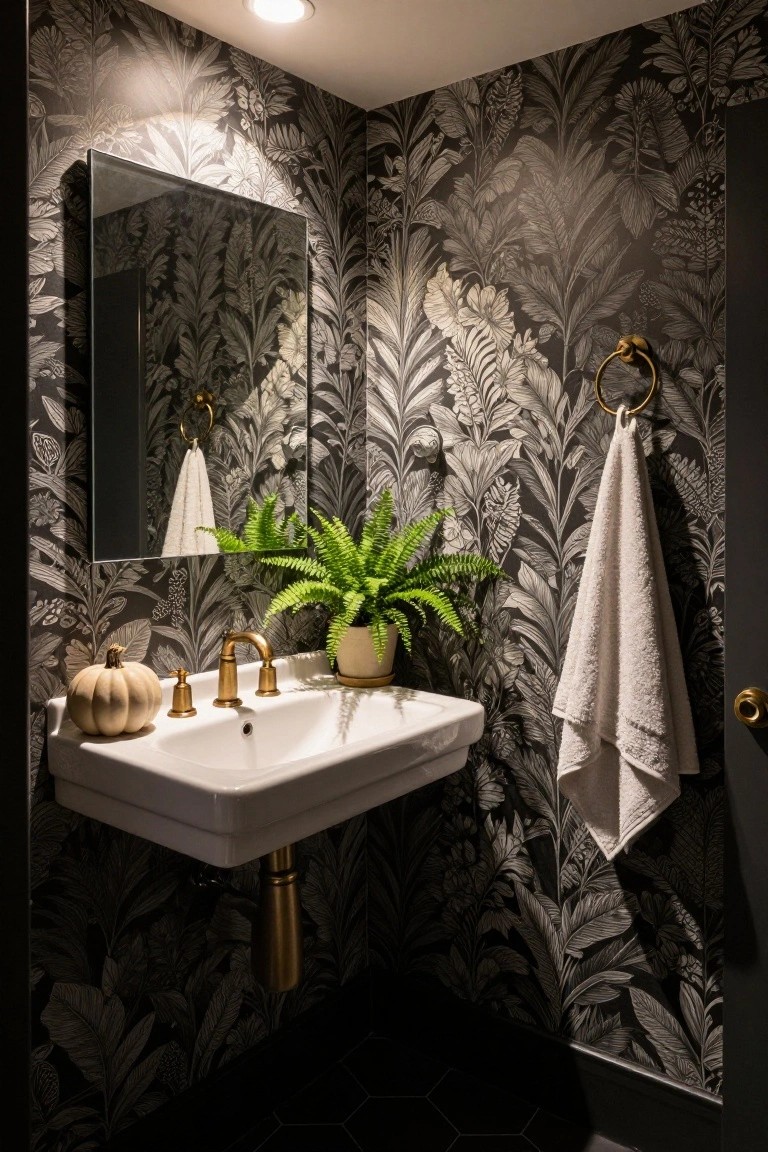 Small white pumpkin on white wall-mounted sink next to gold faucet and fern plant in bathroom with dark leafy wallpaper, towels on gold hooks, and black hex tile floor.