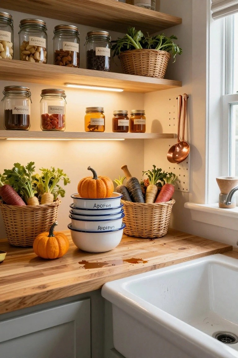 Kitchen corner with wooden shelves holding glass jars of nuts, dried fruits, and candies, under-cabinet lighting, copper utensils on wall, stacked white enamel bowls with Greek labels, woven baskets of root vegetables and pumpkins on wood counter near white farmhouse sink.
