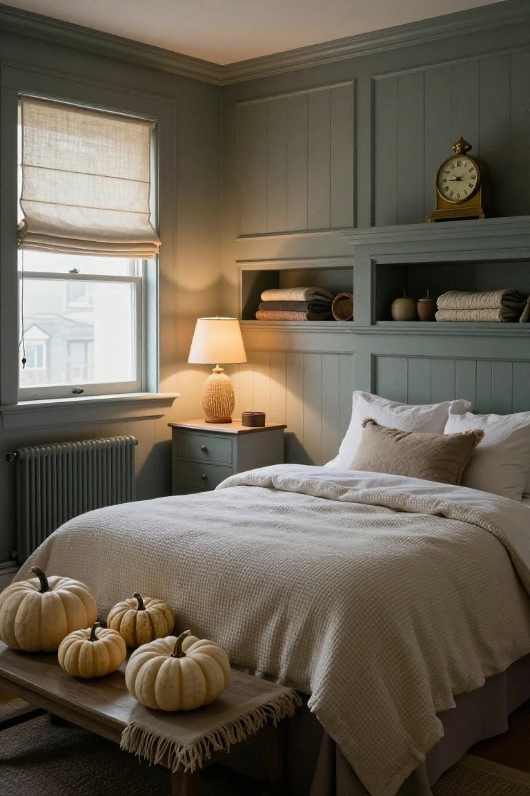 Cozy bedroom interior with sage green paneled walls, a double bed with white textured bedding and pillows, a wooden bench at the foot of the bed holding several small white pumpkins, a bedside table with lamp next to a radiator, built-in shelves above the bed, and linen Roman shades on a window.
