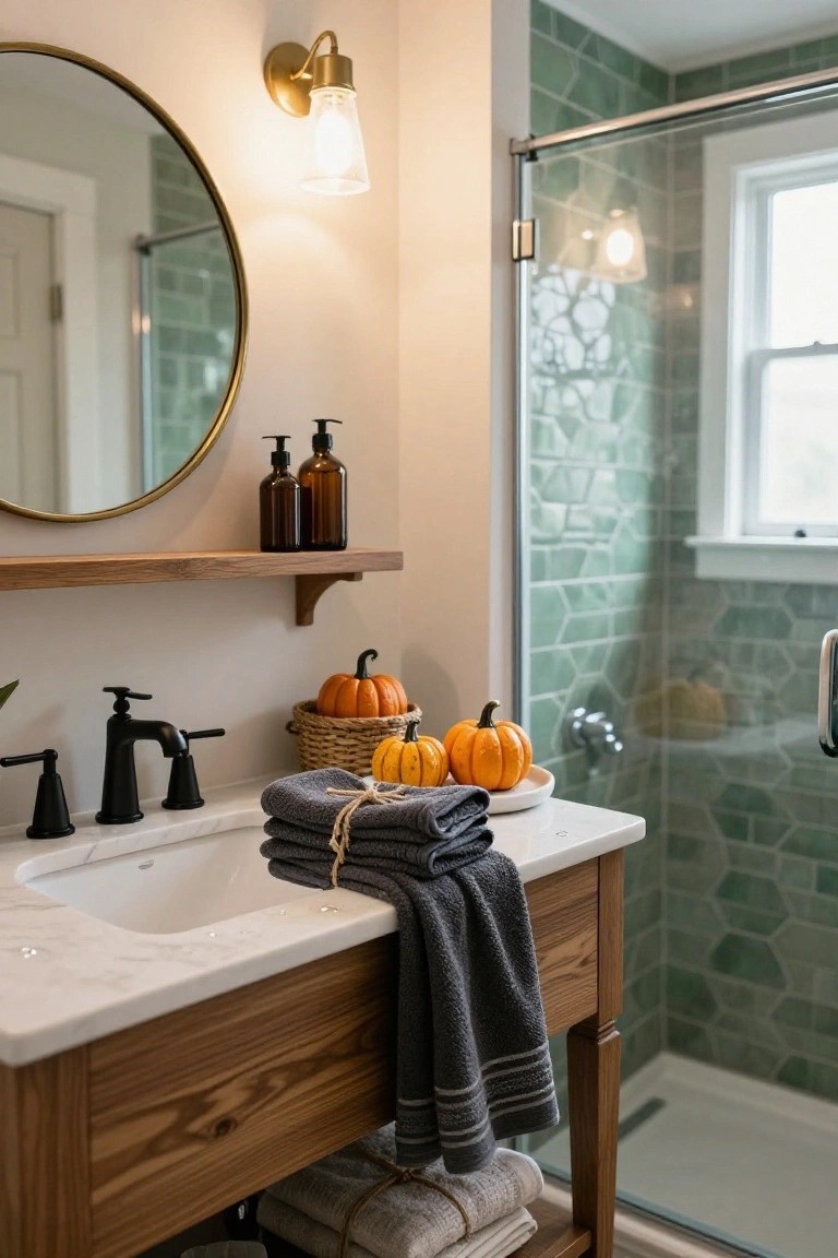 A wooden bathroom vanity with white marble sink holds gray towels tied with twine and small pumpkins in a woven basket, next to a gold mirror and green tiled shower enclosure.
