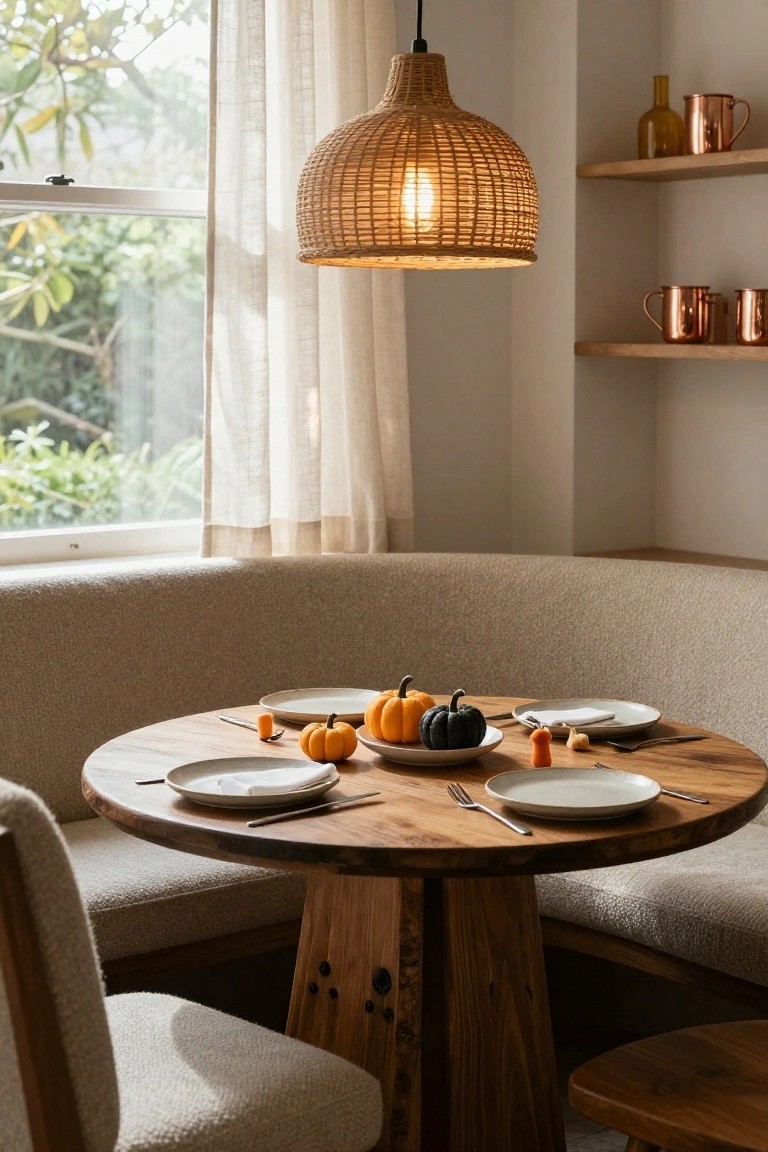 Cozy banquette seating around a round wooden table in a light-filled room, with white plates holding small pumpkins and utensils, under a woven rattan pendant light, sheer curtains at the window, and copper mugs on nearby shelves.