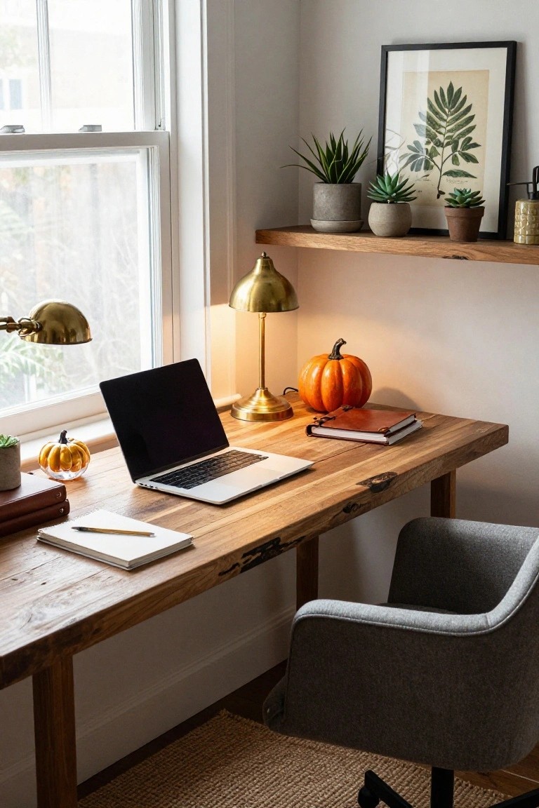 Wooden desk in a light-filled room with open laptop, leather-bound notebooks, small pumpkins, glass cloche with tiny pumpkin, succulents, brass desk lamp, larger pumpkin on shelf above, potted plants, and gray office chair.
