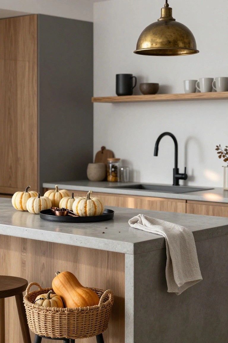Modern kitchen island with several white striped pumpkins on a black tray, spoon of cloves nearby, linen towel draped over edge, basket of orange pumpkins on stool, black faucet at sink, light wood cabinets, and neutral walls.