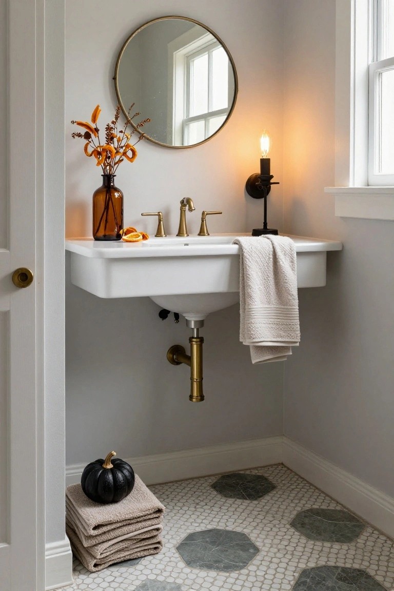 Small bathroom with wall-mounted white sink, gold faucets and hardware, round brass mirror, black pumpkin on stacked beige towels on hexagon tile floor, orange fall decor on vanity, and wall sconce.