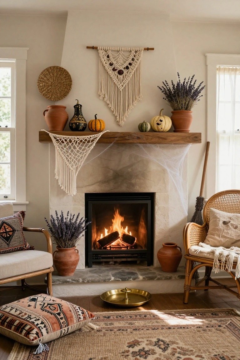 Living room fireplace mantel with white macrame garlands draped with spider webs, small orange and white pumpkins, black-glazed bottles, and terracotta pots on either side, plus lavender plants and wicker chairs nearby.