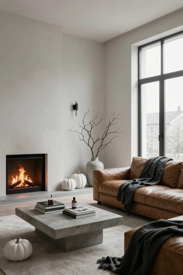 Casual White Pumpkins by the Fireplace