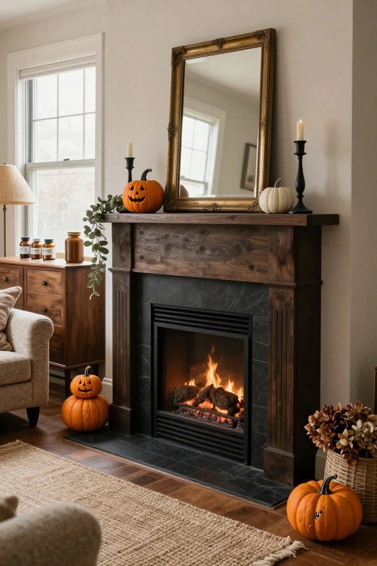 A rustic wooden fireplace mantel decorated with carved orange jack-o-lanterns, white pumpkins, black candlesticks, eucalyptus garland, and glass jars, with a lit gas fire inside and additional pumpkins on the hearth and floor in a beige living room.
