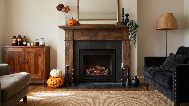 A rustic wooden fireplace mantel decorated with carved orange jack-o-lanterns, white pumpkins, black candlesticks, eucalyptus garland, and glass jars, with a lit gas fire inside and additional pumpkins on the hearth and floor in a beige living room.