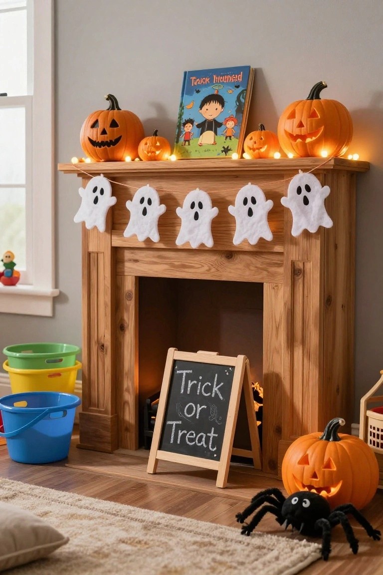 Wooden fireplace mantel decorated for Halloween with jack-o-lantern pumpkins, a garland of white fabric ghosts, and string lights, plus a chalkboard sign reading 