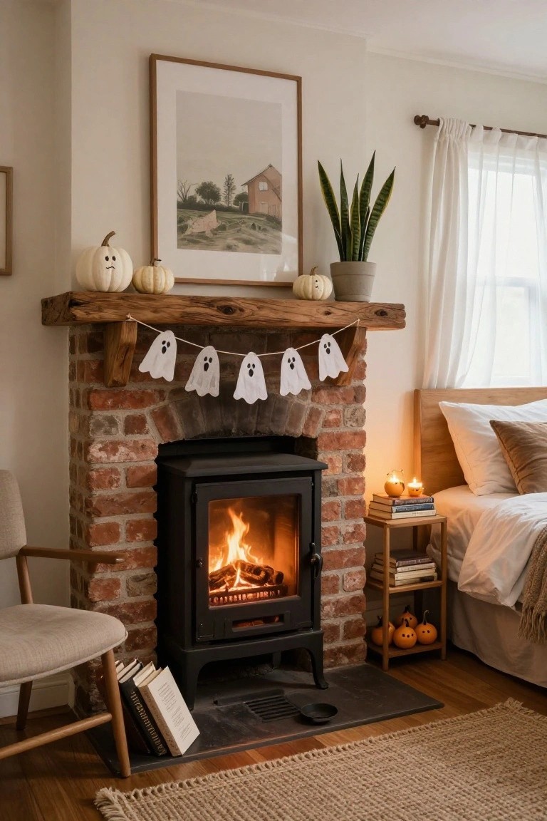 Rustic brick fireplace in a cozy bedroom with wooden mantel strung with white paper ghost garland, white pumpkins on mantel, snake plant, armchair with books, and bed with candles nearby.