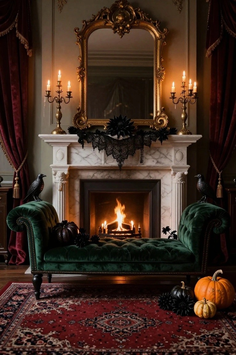 A green velvet chaise lounge positioned beside a white marble fireplace decorated with black lace garlands, ravens, pumpkins, spider webs, and candelabras in a room with red curtains and a large gold-framed mirror.