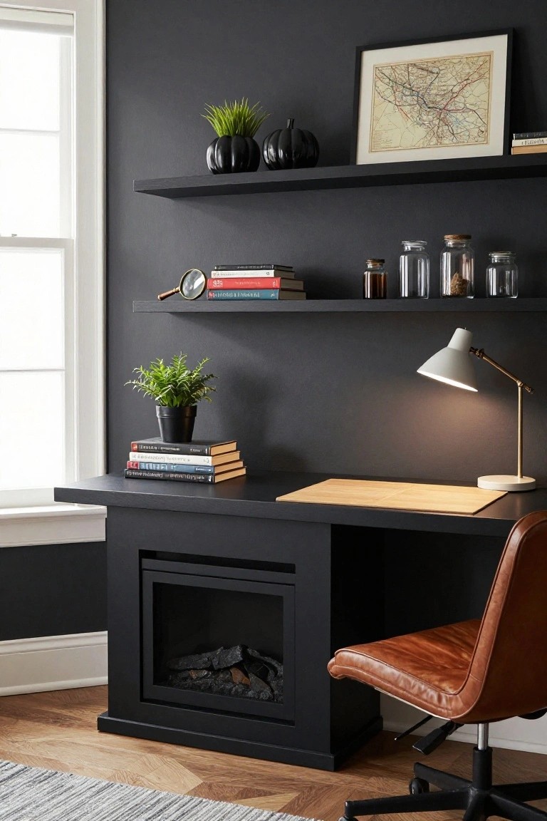 Dark-walled interior room with black floating shelves displaying books, glass jars, black pumpkins, plants, magnifying glass, and an old map above a built-in black desk with integrated fireplace, leather chair, desk lamp, and wood floor.