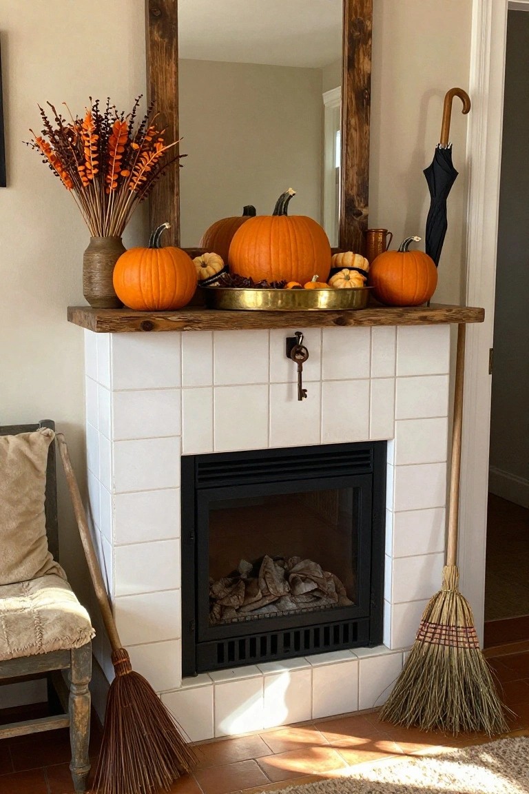 White tiled fireplace with wooden mantel shelf holding various orange pumpkins, small gourds, and white pumpkins in a brass tray with spices, tall dried orange plant stems in a terracotta vase, copper mug, and black umbrella propped nearby, plus two brooms leaning on the floor beside an armchair.