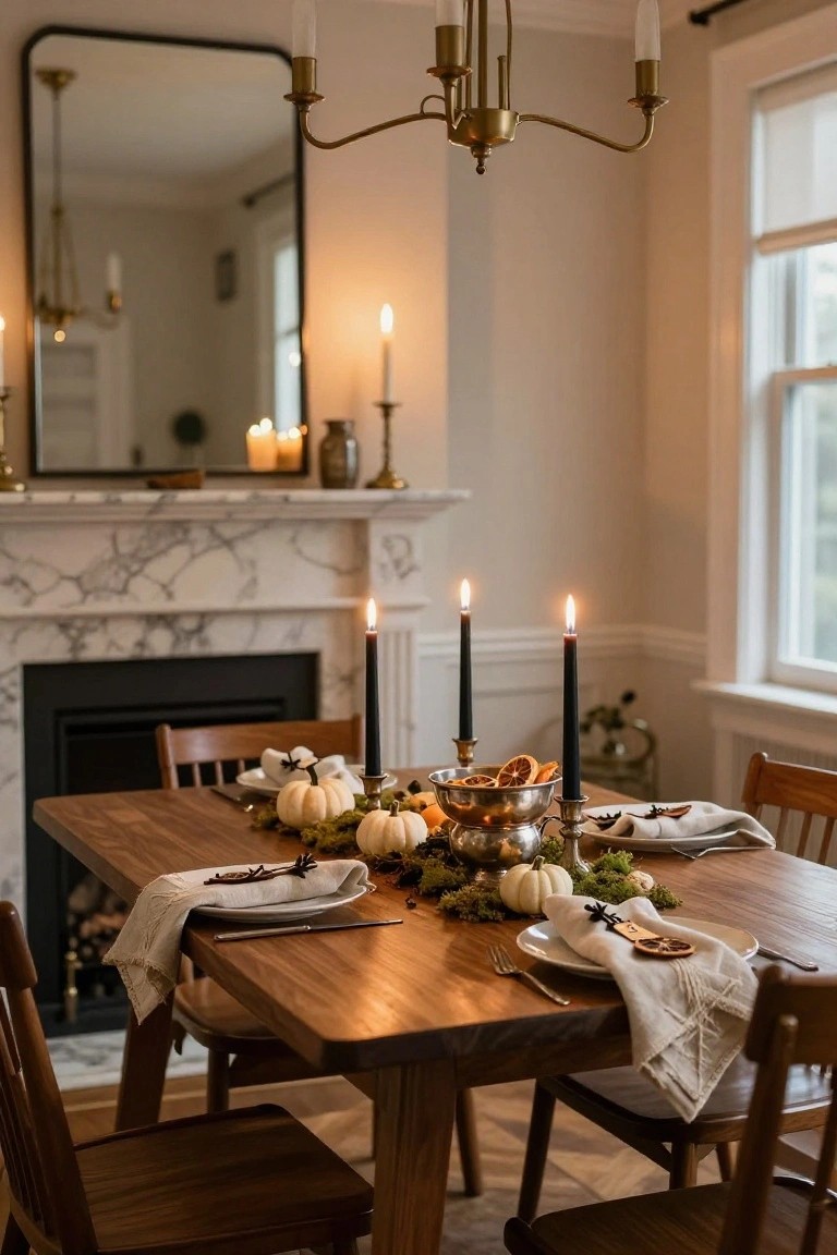 Dining room with marble fireplace, wooden table set for Halloween using white pumpkins, moss, black taper candles, silver bowl of dried oranges, linen napkins, and wooden chairs.