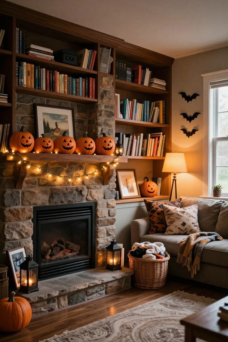 Stone fireplace mantel in a living room lined with five carved orange jack-o'-lanterns and string lights, surrounded by wooden bookshelves filled with books, a sofa with pillows and blankets, lanterns, and Halloween bat decorations on the wall.
