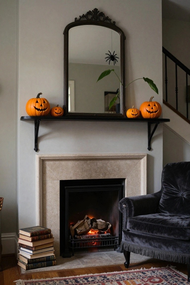 Stone fireplace with black mantel shelf holding four orange jack-o'-lantern pumpkins of varying sizes, ornate mirror with spider decoration above, velvet armchair to the side, stacks of old books by the hearth, and faux logs burning in the firebox.