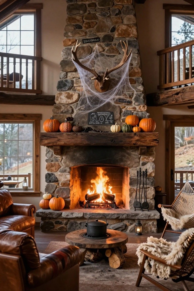 Rustic cabin living room with stone fireplace featuring Halloween decorations including assorted pumpkins on the mantel, spider webs on mounted deer antlers, a black cauldron on a wood table, leather sofas, and chairs nearby.