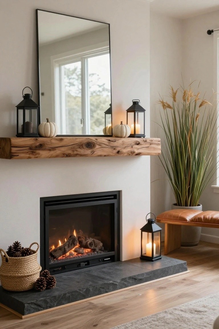 Indoor fireplace with rustic wooden mantel holding white pumpkins, black metal lanterns with candles, and tall pampas grass; gas logs burning, woven basket of pinecones on hearth, leather bench and large plant nearby.
