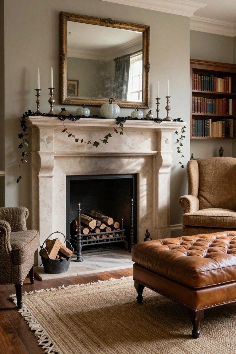 Gray living room with limestone fireplace mantel decorated for Halloween using white pumpkins, black ivy garland, and gold candelabras under an ornate mirror, plus armchairs, ottoman, rug, firewood, and bookshelves.
