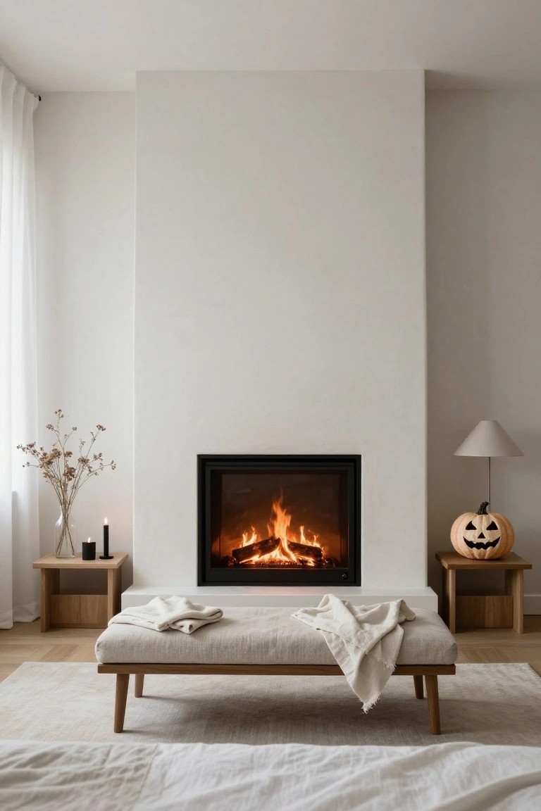 Modern minimalist living room with central black-framed fireplace burning brightly, flanked by wooden side tables holding dried flowers and candles on one side and a beige lamp with carved pumpkin on the other, low linen-upholstered bench with white throw in front, neutral rug and oak floors.